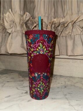 Starbucks Burgundy Studded Travel Cup with Teal Straw